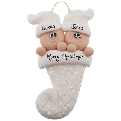 Personalized Baby Twins Stocking Glitter White Ornament | Ornamentopia | boogie + birdie