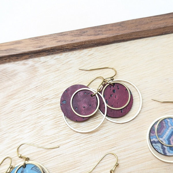 Wine Red Brass Circle Cork Earrings | Hello Lovely | boogie + birdie

