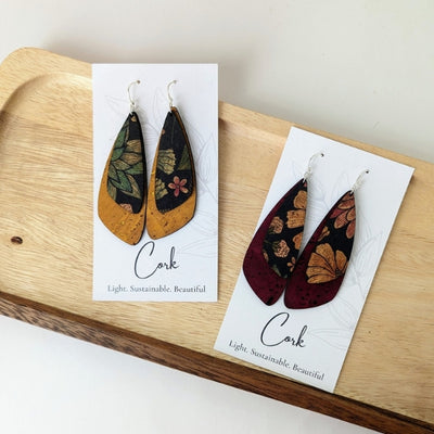 Black Floral on Ochre Wing Cork Earrings  | Plum Tree | boogie + birdie