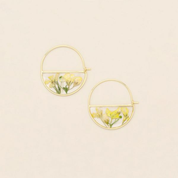 Yellow Baby's Breath Pressed Flower Gold Hoop Earrings | Scout | boogie + birdie