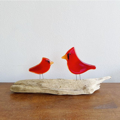 Adult and Chick Glass Cardinal Pair on Perch Decor | Shop glass art at boogie + birdie in Ottawa.