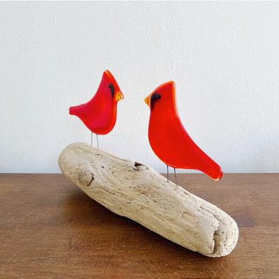 Glass Adult Cardinal Pair on Perch Decor | Shop handmade glass art at boogie + birdie in Ottawa.