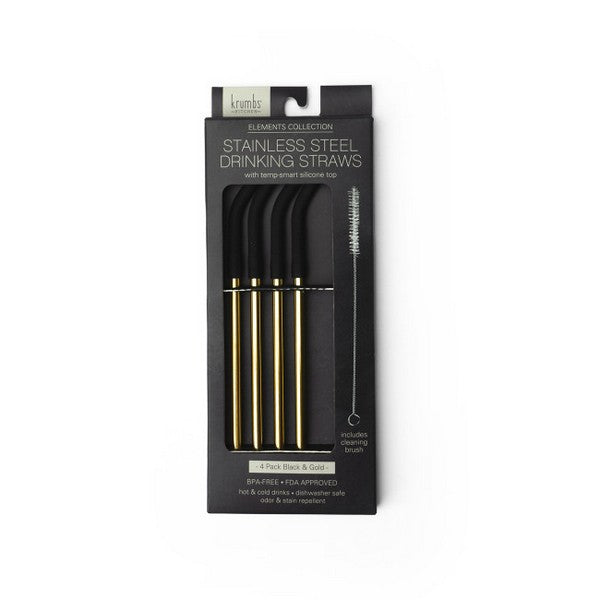 Gold Reusable Straw Set with Black Silicone Top