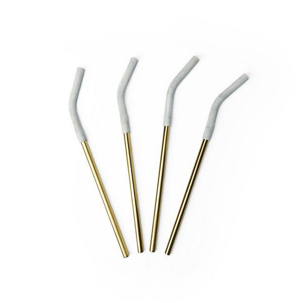 Gold Reusable Straw Set with Marble Silicone Top