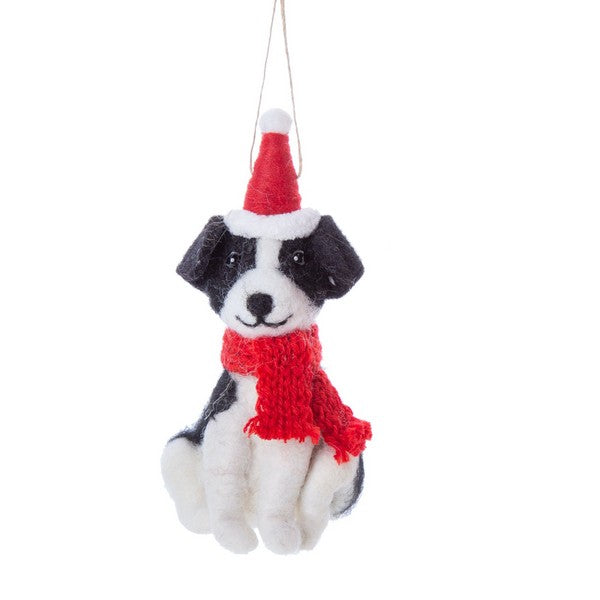 Black & White Dog in Red Hat & Scarf Felt Ornament | Holiday | boogie + birdie