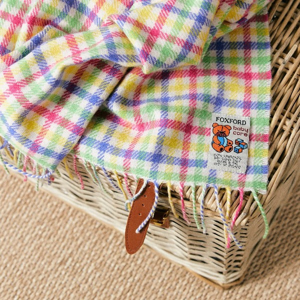 Rainbow Tartan Lambswool Baby Throw | Foxford | Shop a selection of baby products at boogie + birdie