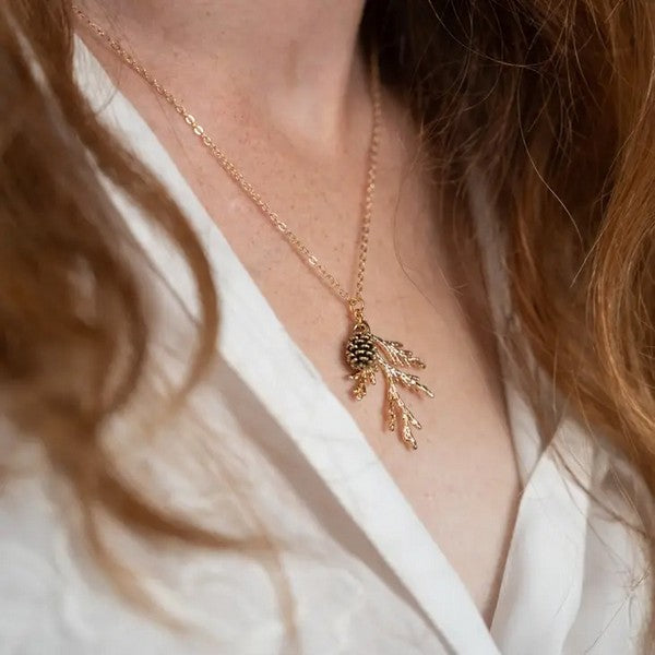 Juniper & Pine Cone Gold Necklace | Birch Jewellery | boogie + birdie


